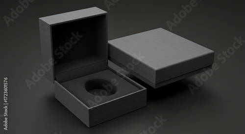 Mockup a dark gray open box with foam insert and a closed box in the background on a dark surface for commercial usage