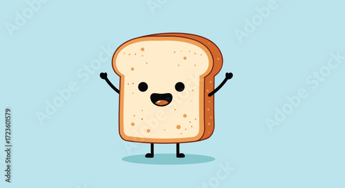 A happy slice of toast with arms and legs waves enthusiastically against a light blue background.