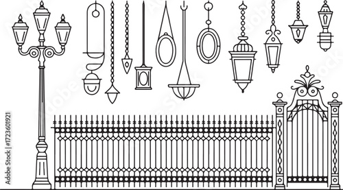 Elegant Ornamental Ironwork Vector Illustration Ornate Gate Fence Lanterns and Streetlight Design