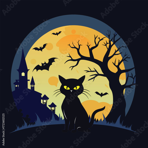 Black cartoon cat silhouette, full moon, and scary pumpkin vector art on a spooky dark autumn night background