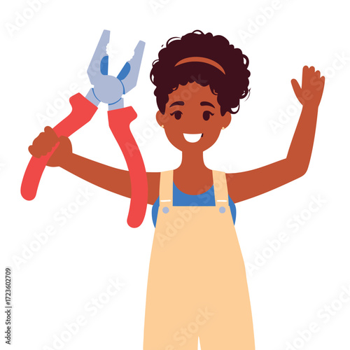 A cheerful young person in overalls holding a pair of pliers and waving a friendly hello representing skilled trades and diy home improvement projects