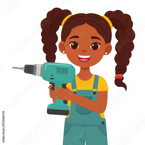A cheerful cartoon girl with braided pigtails wearing overalls and holding a power drill for a home improvement or diy project illustration on a white background