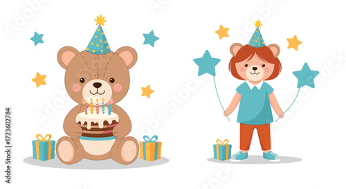 Adorable teddy bear and a little girl celebrating a special birthday with cake and balloons.