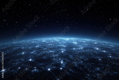 A digital representation of Earth, networked and interconnected.  Vast starry night backdrop