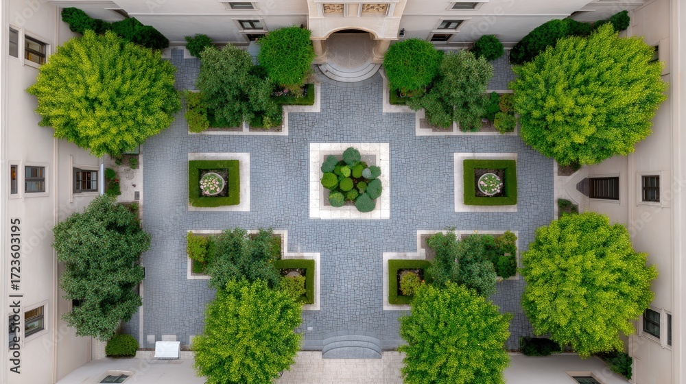 Fototapeta premium Serene Aerial View of a Lush Courtyard Surrounded by Greenery and Symmetrical Landscaping Design