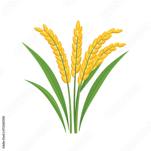 A stylized vector illustration of a ripe golden rice plant with lush green leaves isolated on a plain white background symbolizing agriculture and harvest