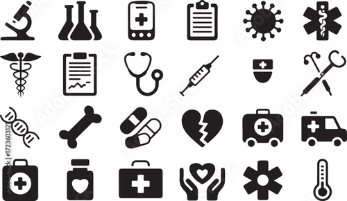 Medical Icons Vector Illustration with Healthcare Symbols and Diagnostic Equipment