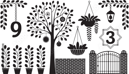 Elegant Garden Decor Vector Illustration with Numbered Signage and Hanging Plants Silhouettes