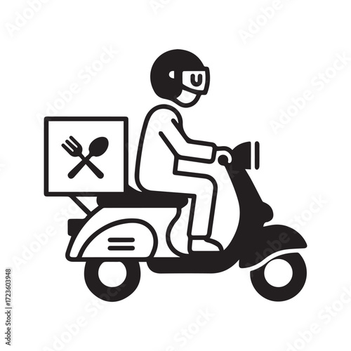Food delivery icon, courier riding scooter or moped. Black symbol for online order service, takeaway, and restaurant shipping.
