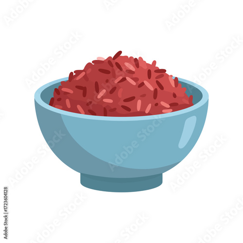 A simple vector illustration of a light blue bowl filled with cooked red rice a healthy whole grain food staple isolated on a clean white background for easy use