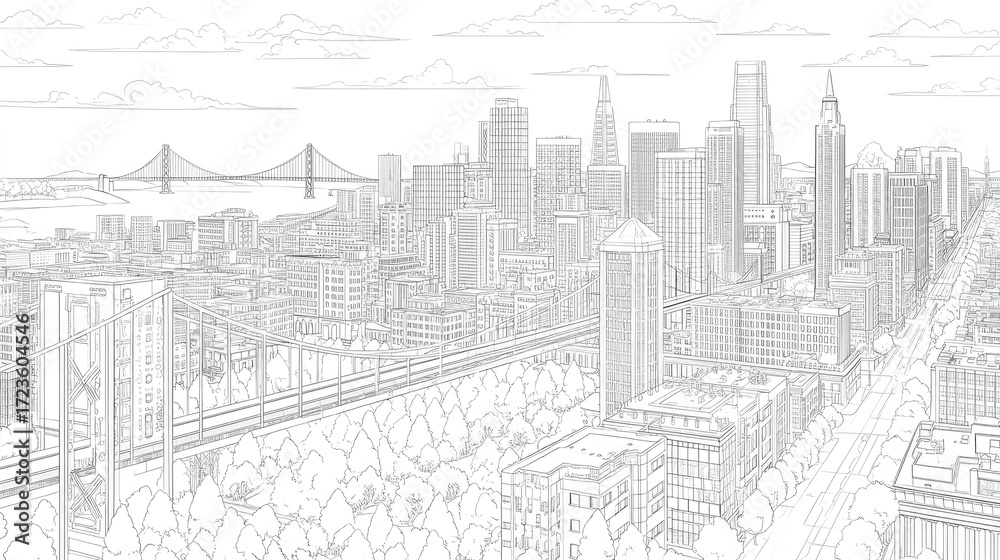 Fototapeta premium Detailed Line Art Skyline of San Francisco with Bay Bridge and Iconic City Landmarks in Black and White