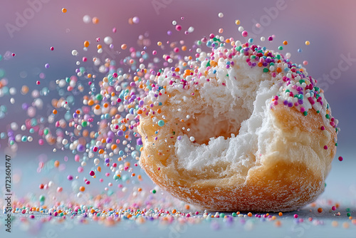 Donut exploding into colorful confetti particles