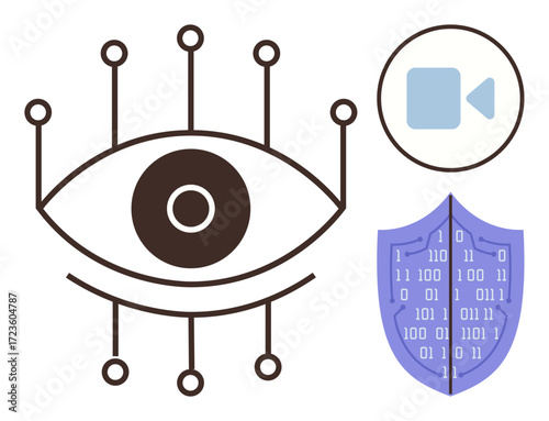 Central digital eye with connected circuits reflects surveillance and technology. Includes a binary-filled shield for cybersecurity, and a video recording icon. Ideal for privacy, online security