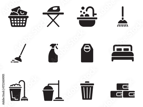 A Set of Home Essentials & Cleaning Vector Icons – Laundry, Bed, Shopping, and Cleaning Tools