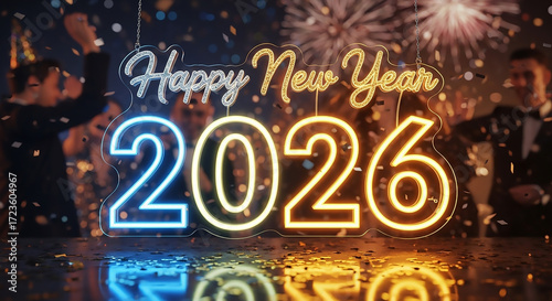 Celebration of the year 2026 with fireworks and confetti, with people celebrating in the background.