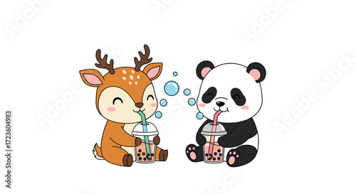 Cute deer and panda enjoying delicious bubble tea together.