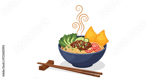 A delicious bowl of noodle soup with fresh vegetables and crispy chips.