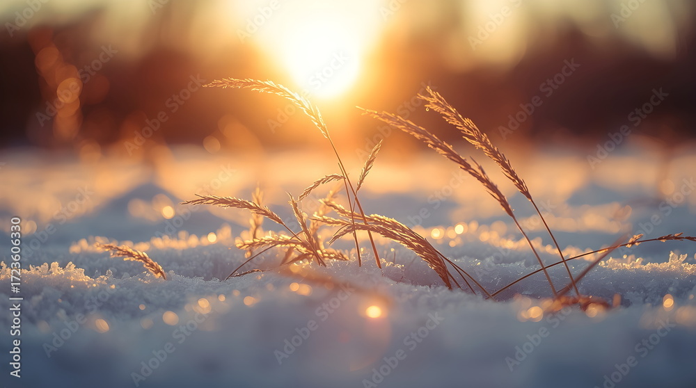 Obraz premium Winter Grass in Snow at Golden Hour Sunset