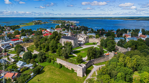 Aerial view of the Haapsalu Episcopal Castle on the west coast of Estonia along the Baltic Sea - Its fortifications include the town's cathedral