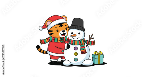 A cute tiger wearing a santa hat and scarf hugs a snowman with a gift box in this festive winter illustration.