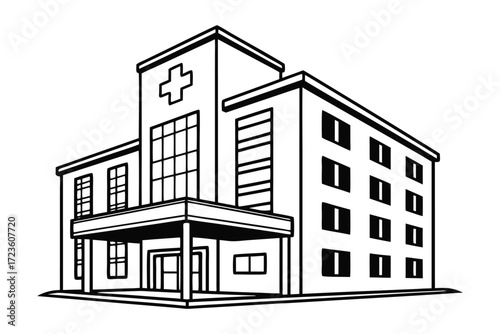 Institutional Hospital Building with Porch and Cross Symbol