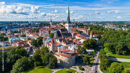 Aerial view of the Fat Margaret tower and of St Olaf's church in Tallinn Old Town (Vanalinn), the capital of Estonia, one of the Baltic States