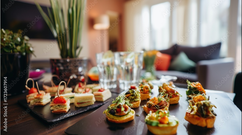 Naklejka premium Indoor Party Table with Assorted Appetizers and Sandwich Snacks