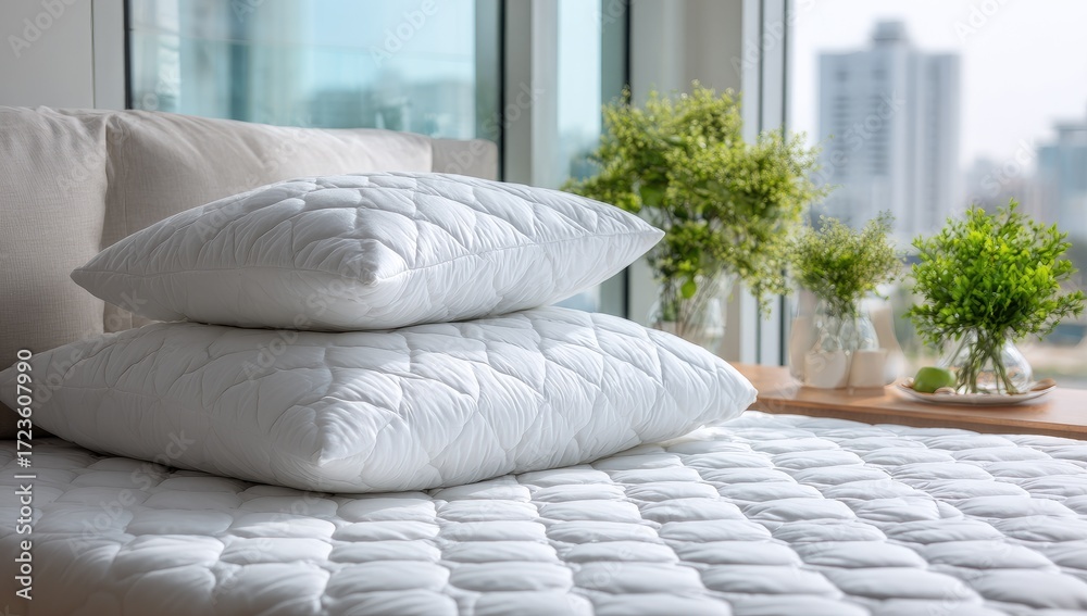 Obraz premium Stacked white quilted pillows on a bed, city view