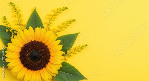 Bright Yellow Sunflower and Green Leaves on Yellow Background
