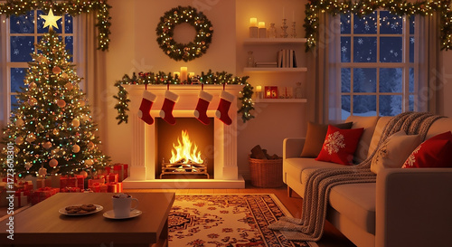 Cozy Christmas living room with decorated tree, fireplace, and stockings hung by the chimney.