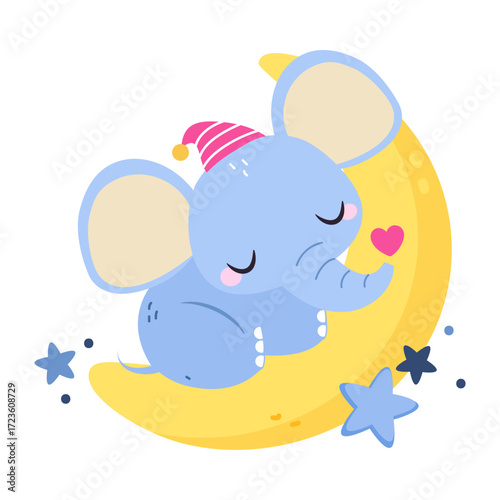 Moon with Elephant Animal Sleeping Have Sweet Dreams Vector Illustration