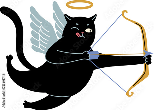 Black cat cupid with bow and arrow