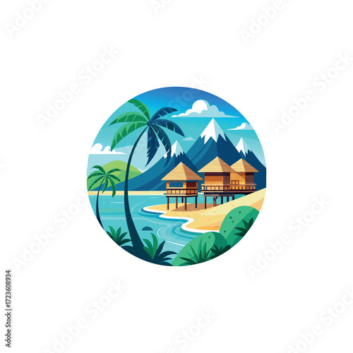 Tropical beach with palm trees, overwater bungalow, turquoise ocean, and mountains in the background, flat vector illustration in vibrant color