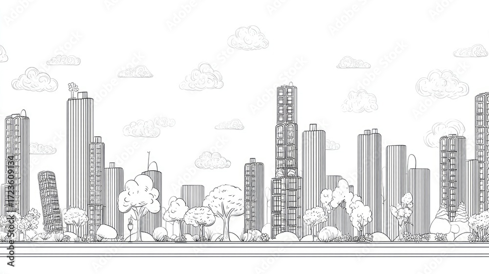 Fototapeta premium Urban Landscape Outline Featuring Skyscrapers, Trees, and Cloudy Sky in Hand-Drawn Style