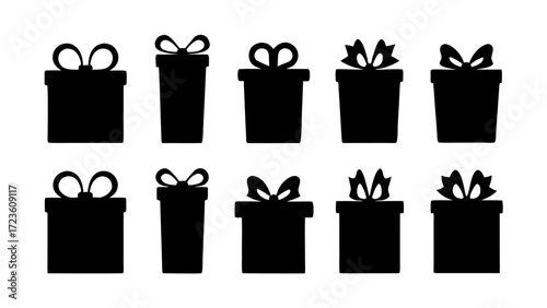  Gift boxes with ribbon icons Set. Gift box flat silhouette set.