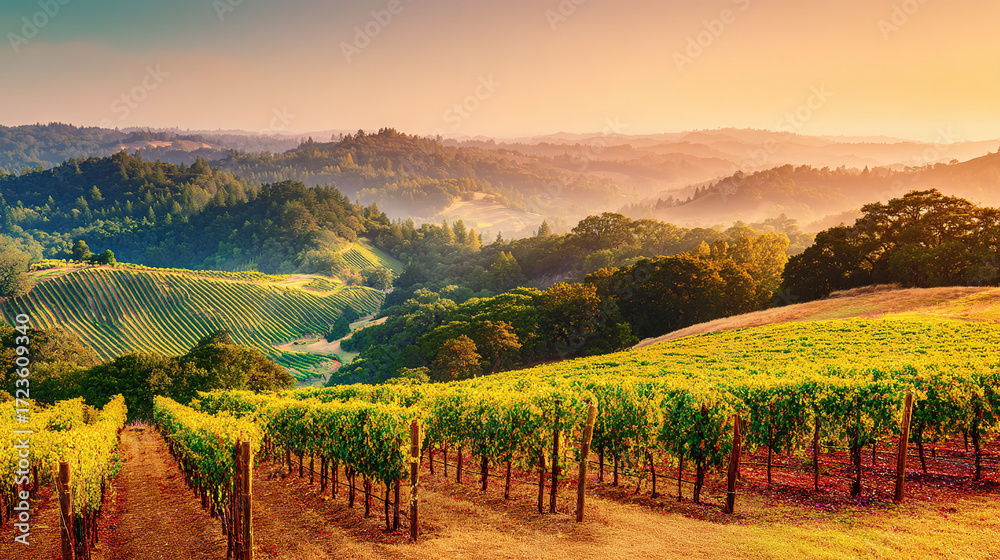 Naklejka premium vineyard. Golden hour vineyard landscape with rows of grapevines extending toward rolling hills, travel magazines, destination branding, designed for outdoor magazines and nature guides. 