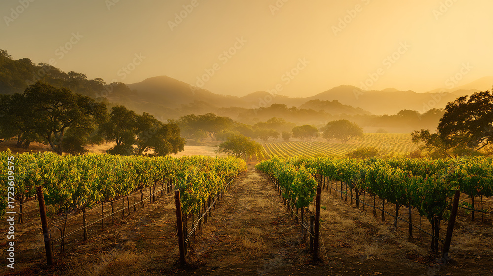 Naklejka premium vineyard. Golden hour vineyard landscape with rows of grapevines extending toward rolling hills, travel magazines, destination branding, designed for outdoor magazines and nature guides.