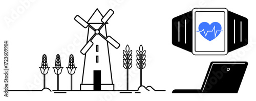Windmill near corn and wheat crops with smartwatch tracking health and laptop. Ideal for agriculture, sustainability, technology, innovation, health monitoring, rural development, simple flat