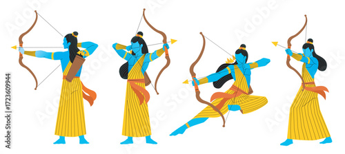 Lord Rama character set with different archery poses. Indian deity in various angles aiming the target