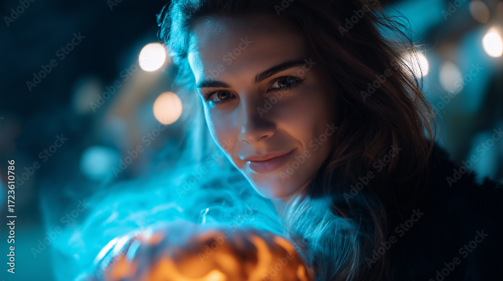 Naklejka premium Young woman witch costume black background magical blue smoke effects pumpkin jack o lantern dramatic lighting Halloween photography witch aesthetic blurred background with copy