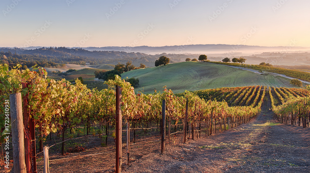 Fototapeta premium vineyard. Golden hour vineyard landscape with rows of grapevines extending toward rolling hills, travel magazines, destination branding, designed for outdoor magazines and nature guides. 