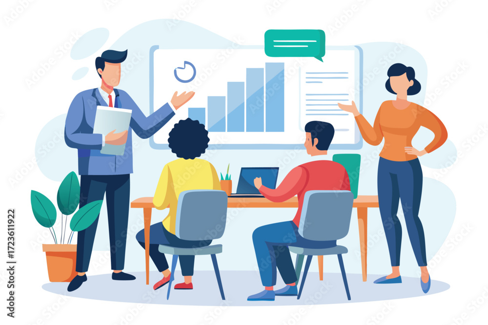 Obraz premium Vector cartoon illustration of business people in a formal suit meeting as a team in a bright office, using a computer to achieve success