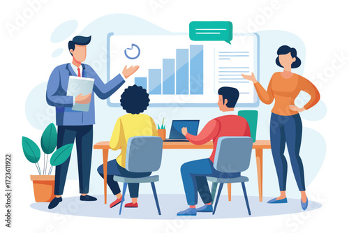 Vector cartoon illustration of business people in a formal suit meeting as a team in a bright office, using a computer to achieve success