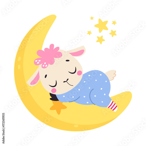 Moon with Sheep Animal Sleeping Have Sweet Dreams Vector Illustration