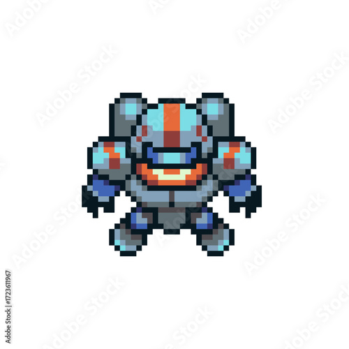 Pixel art character of a futuristic armored robot or sci-fi soldier in a blue and orange exosuit, designed as a retro game sprite.