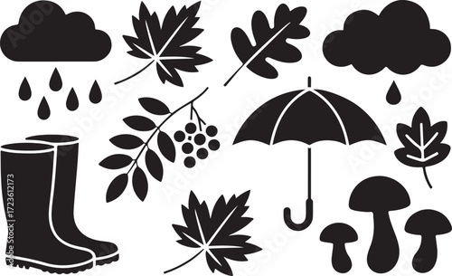 Autumnal Rain: A Collection of Rainy Weather Icons Featuring Leaves, Boots, and Umbrella Silhouettes