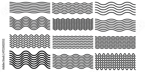Waves line set. Wave ornament pattern. Set of wavy zigzag lines. Wave thin line background. Vector zigzag and wavy horizontal underline. Vector