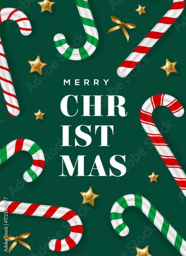 Merry Christmas Happy New Year poster, 3d candy cane, gold stars, bow. Vector illustration. Winter holiday frame, green menu background template. Xmas gift card. Noel eve retro pattern, sweet food