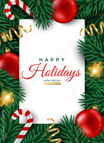 Merry Christmas Happy New Year poster, red 3d baubles, fir tree, candy cane, lights. Vector illustration. Winter holiday menu background template. Xmas confetti ribbon, Eve Noel card. Place for text.