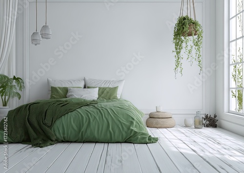 White bedroom with green accents, natural light